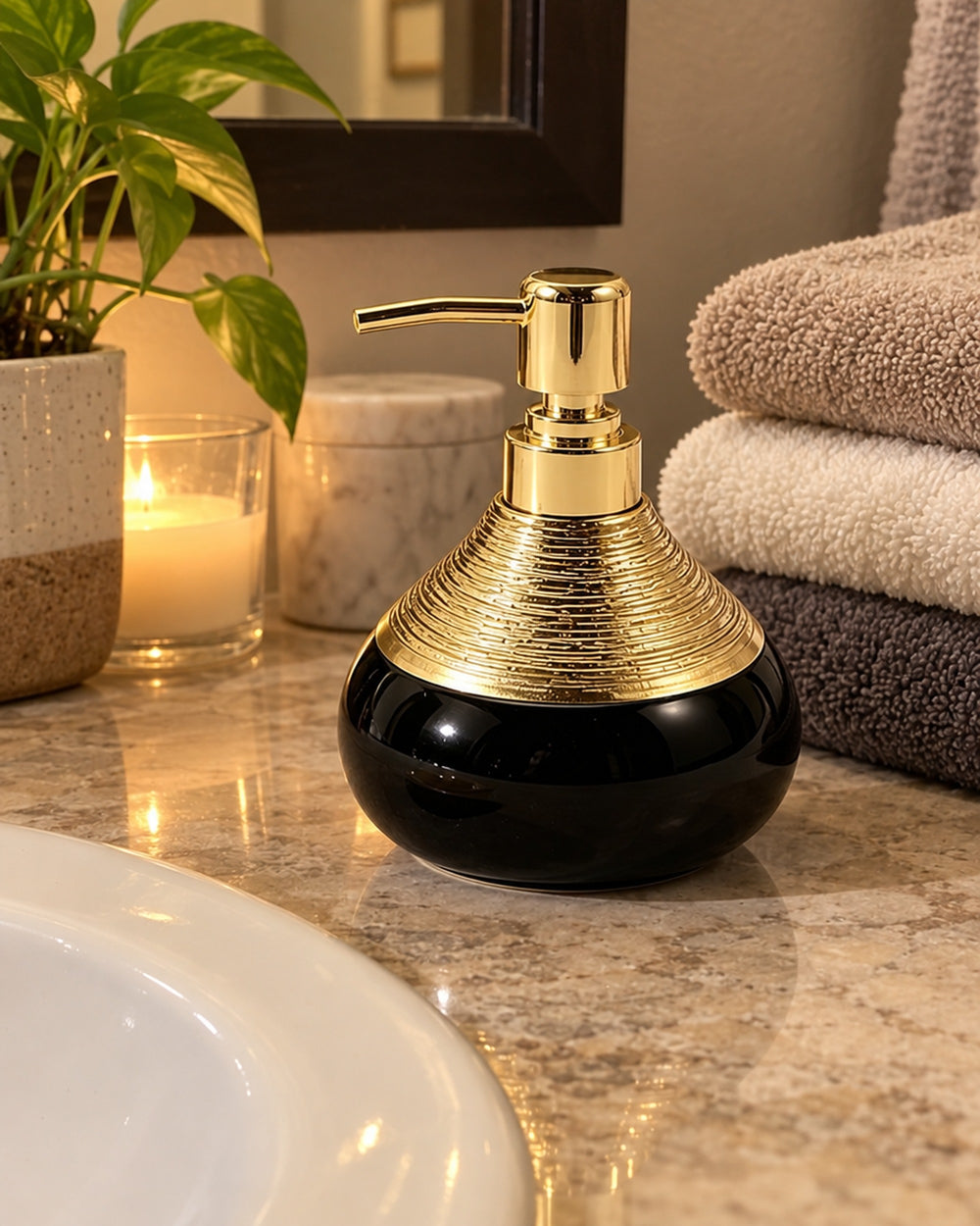Soap Dispenser, Ceramic, Black with Brushed Gold, 9 oz in a real home