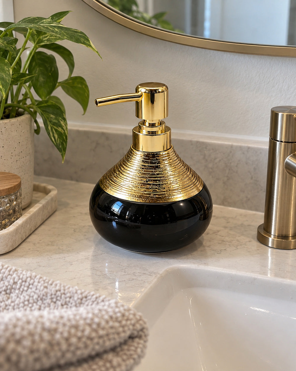 Soap Dispenser, Ceramic, Black with Brushed Gold, 9 oz in a real home