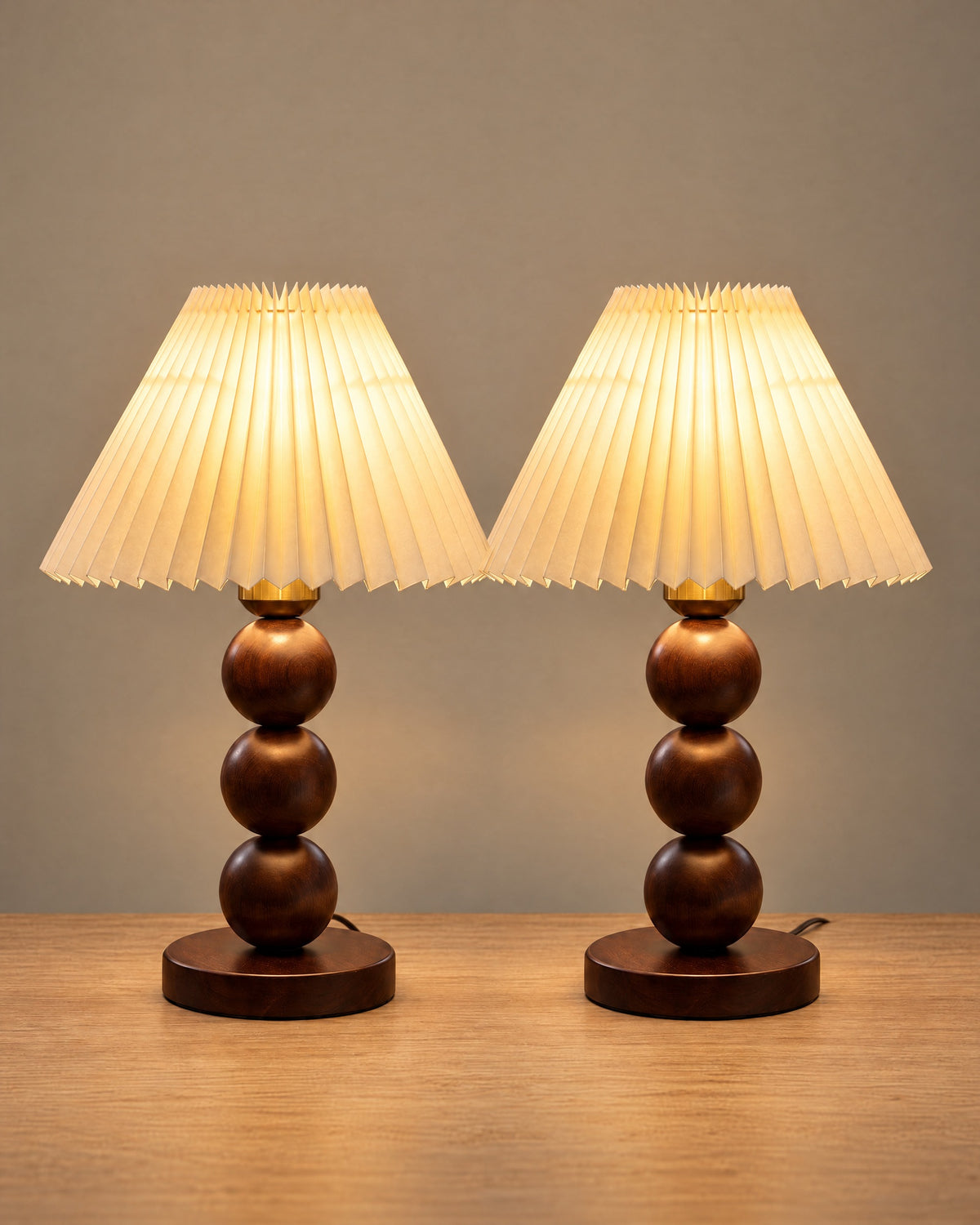 Bobbin Trio Wood Nightstand Lamp, Set of 2, both lamps switched on
