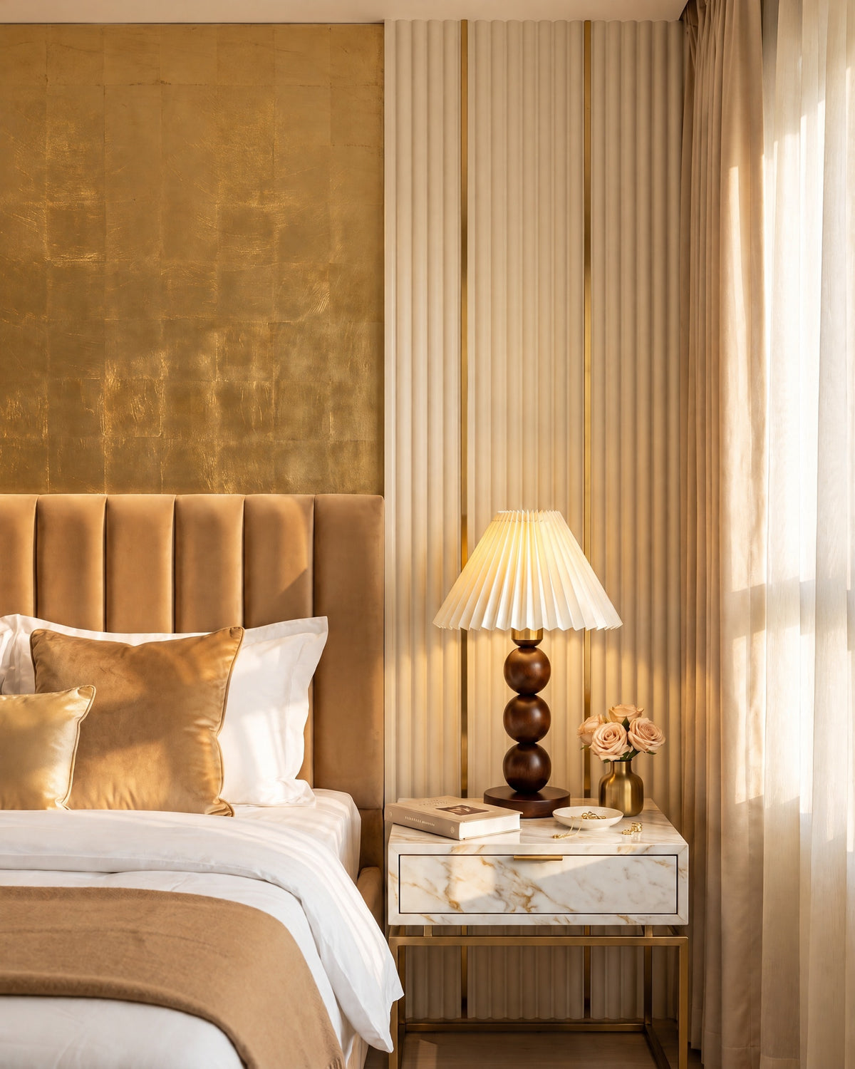 Bobbin Trio Wood Nightstand Lamp on a marble nightstand in a golden glam bedroom