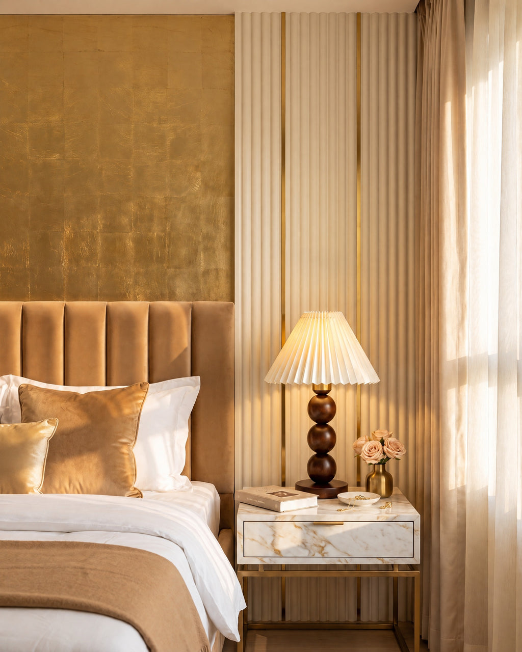 Walnut: Bobbin Trio Wood Nightstand Lamp on a marble nightstand in a golden glam bedroom