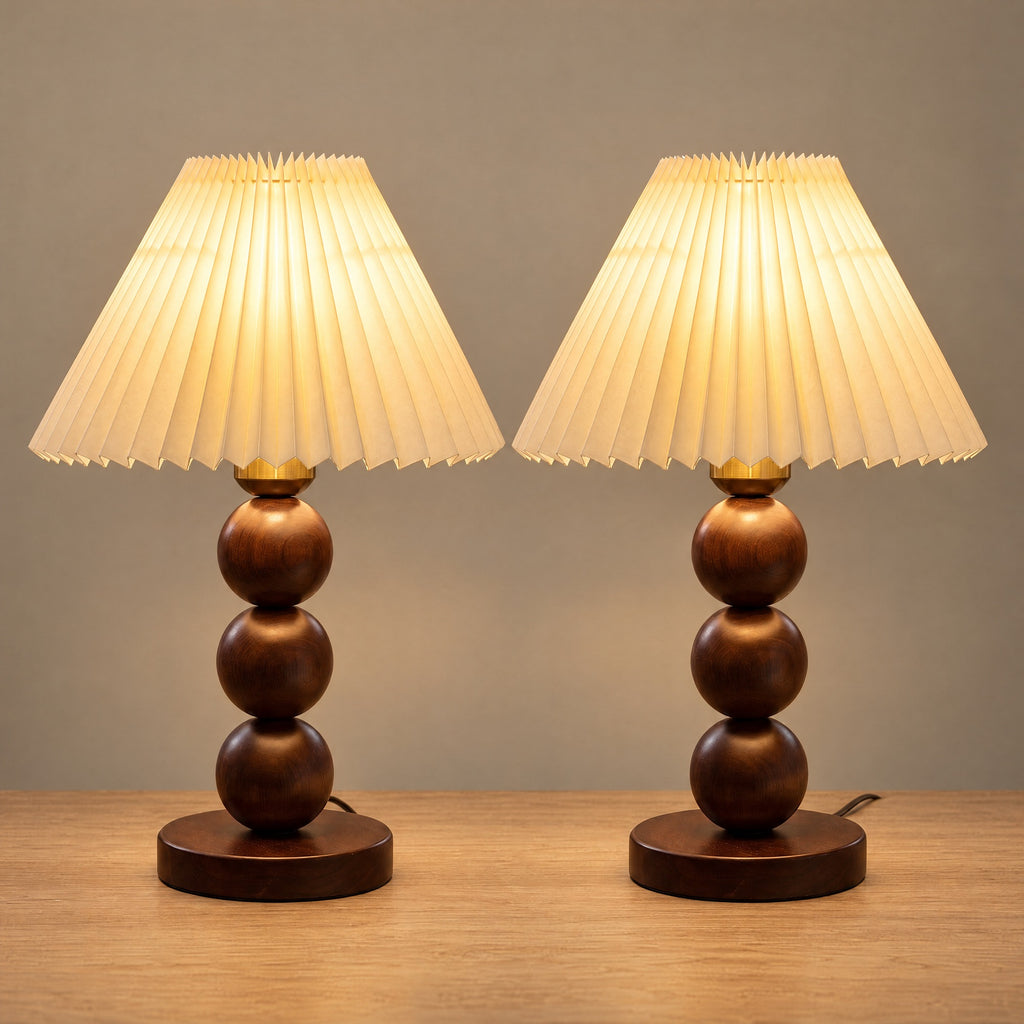 Bobbin Trio Wood Nightstand Lamp, Set of 2, both lamps switched on