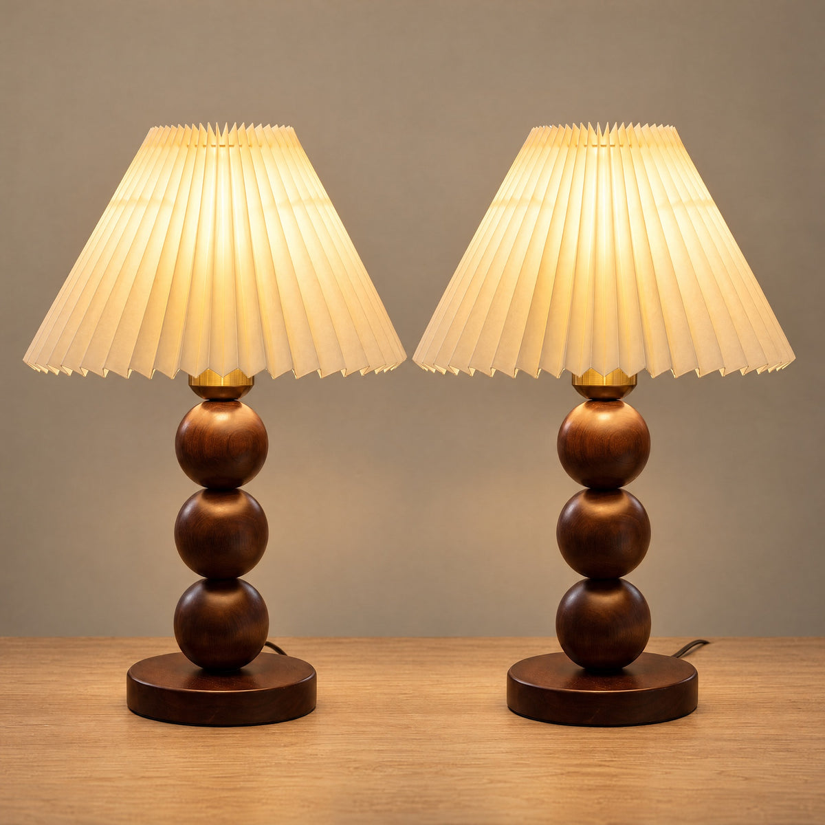 Bobbin Trio Wood Nightstand Lamp, Set of 2, both lamps switched on