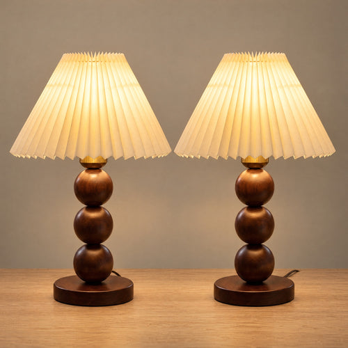 Bobbin Trio Wood Nightstand Lamp, Set of 2, both lamps switched on
