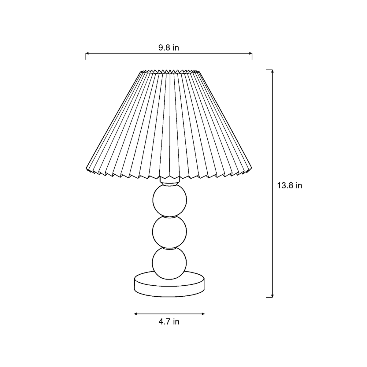 Dimensions sketch of the Bobbin Trio Wood Nightstand Lamp with measurements