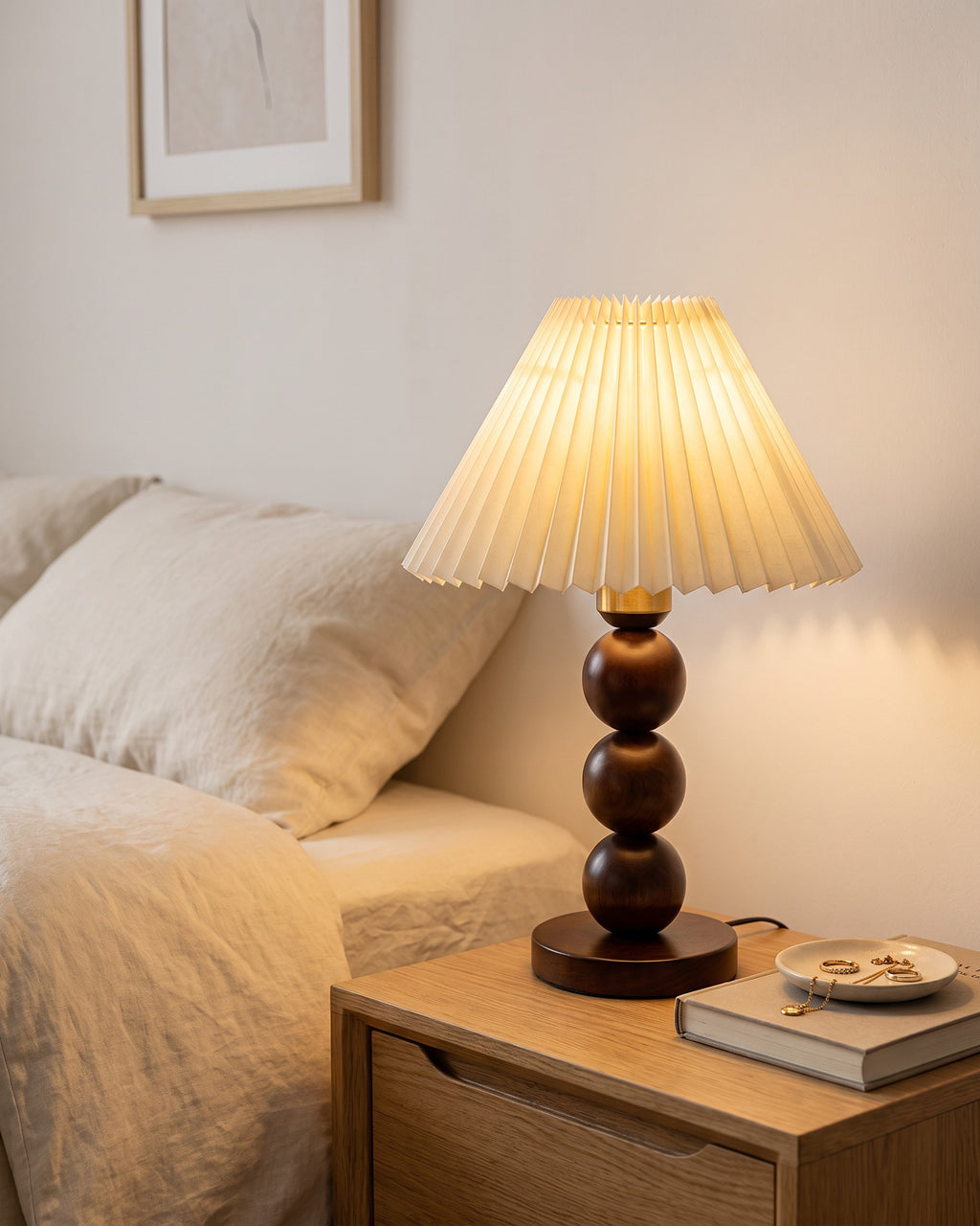 Walnut: Bobbin Trio Wood Nightstand Lamp in a cream minimalist bedroom
