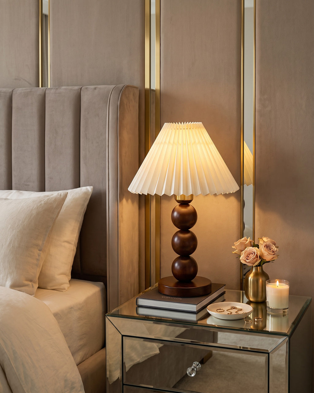 Walnut: Bobbin Trio Wood Nightstand Lamp on a mirrored nightstand in a greige velvet bedroom