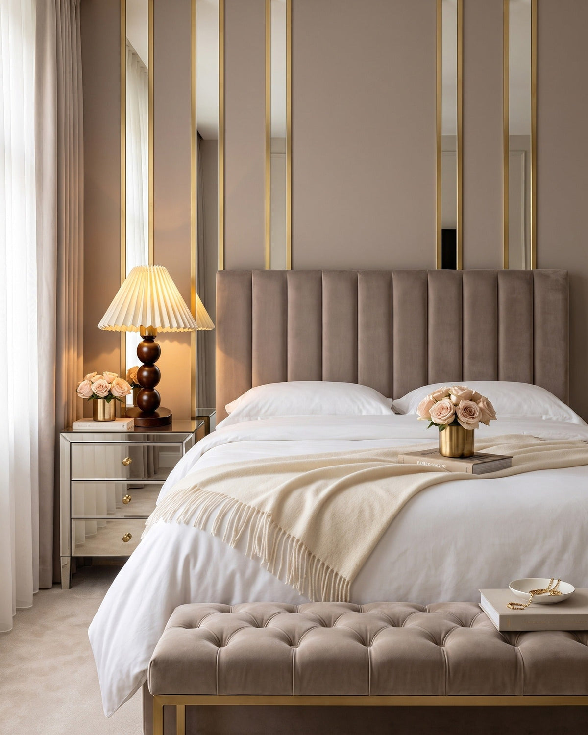 Pair of Bobbin Trio Wood Nightstand Lamps flanking a taupe upholstered bed