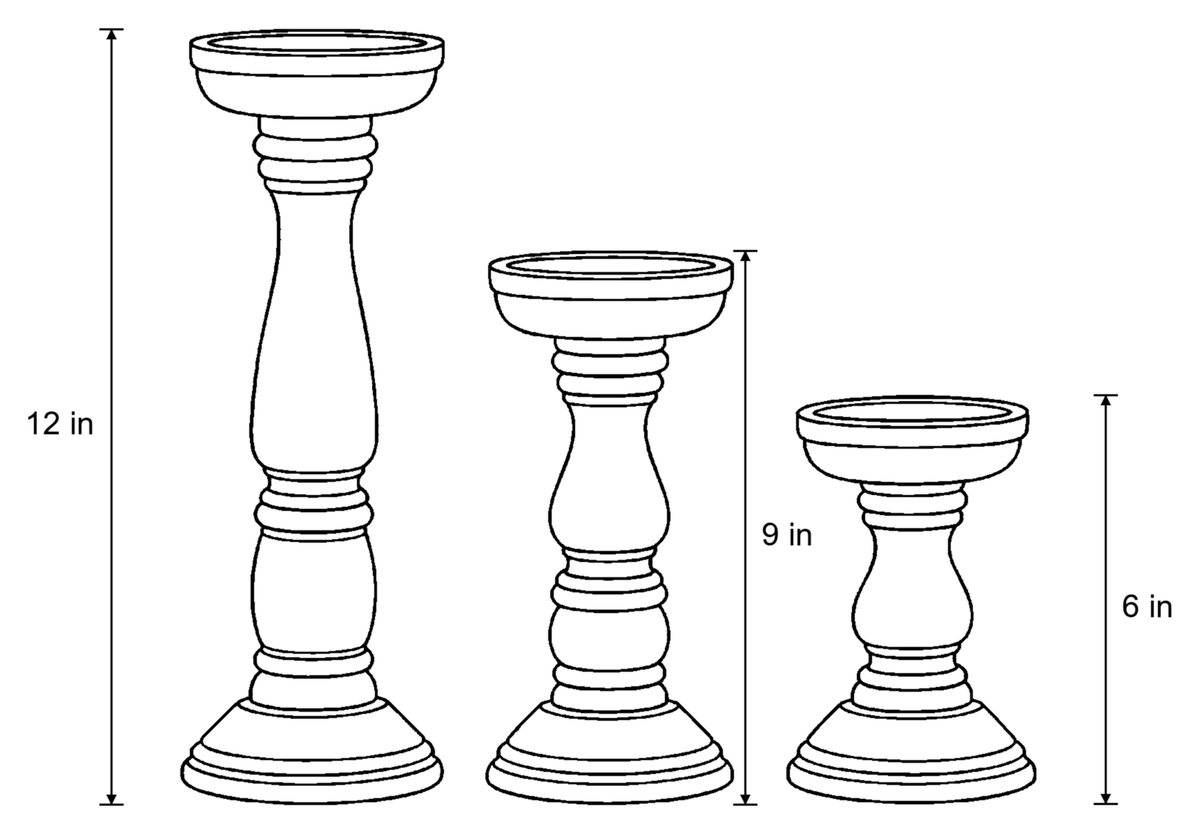 Dimensions sketch of the Bosco Farmhouse Wood Candle Holders, Set of 3 with measurements