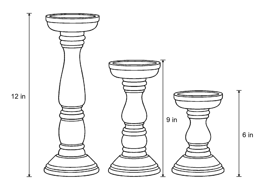 Dimensions sketch of the Bosco Farmhouse Wood Candle Holders, Set of 3 with measurements