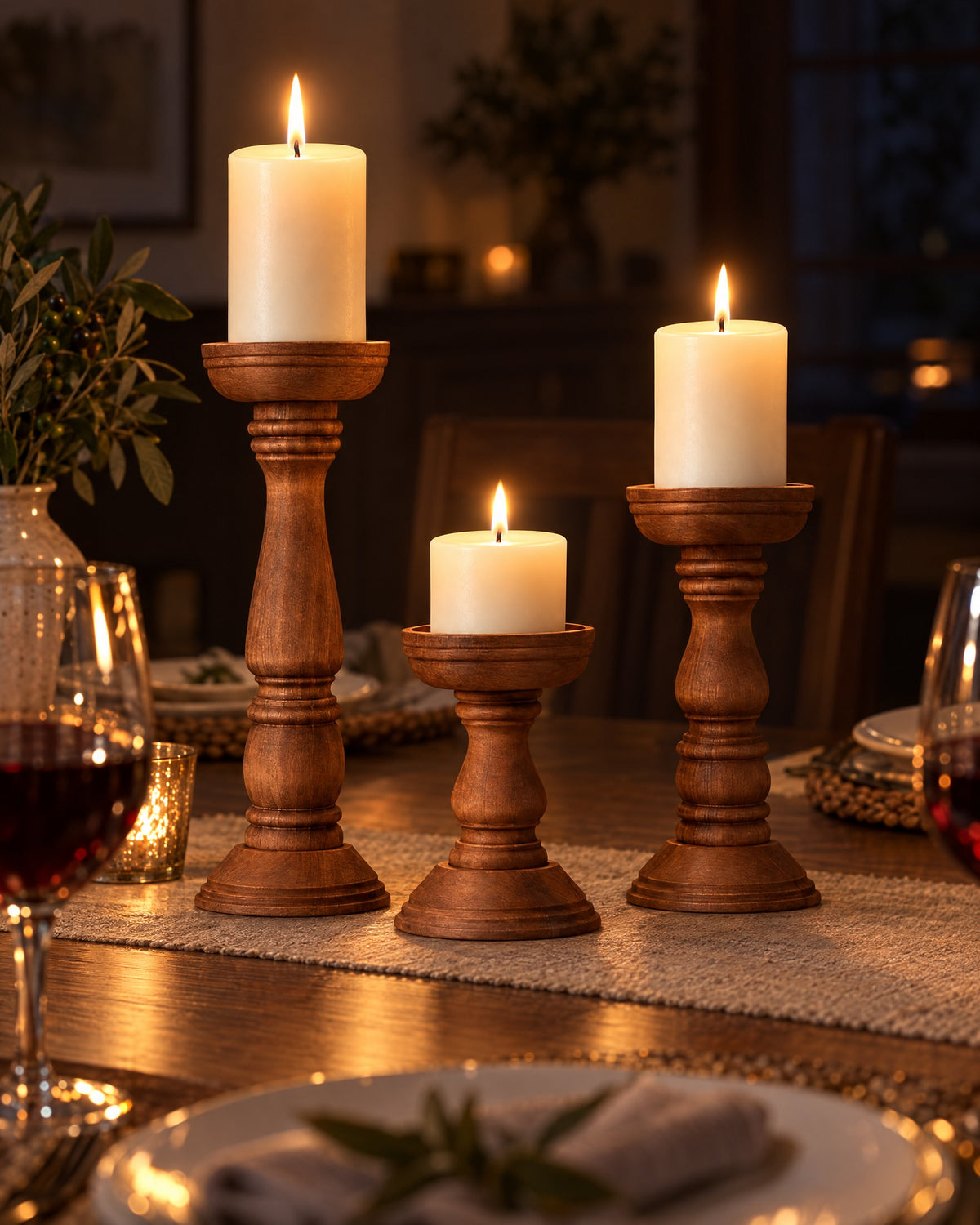 Bosco Farmhouse Wood Candle Holders, Set of 3 with candles lit at night on a dinner table