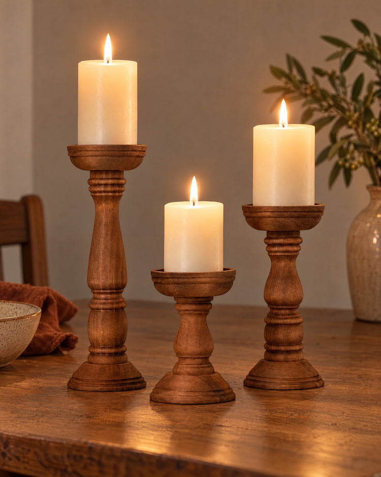 Candle holders on a rustic table