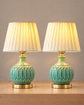 Celadon Carved Gourd Nightstand Lamp, Set of 2, both lamps switched on