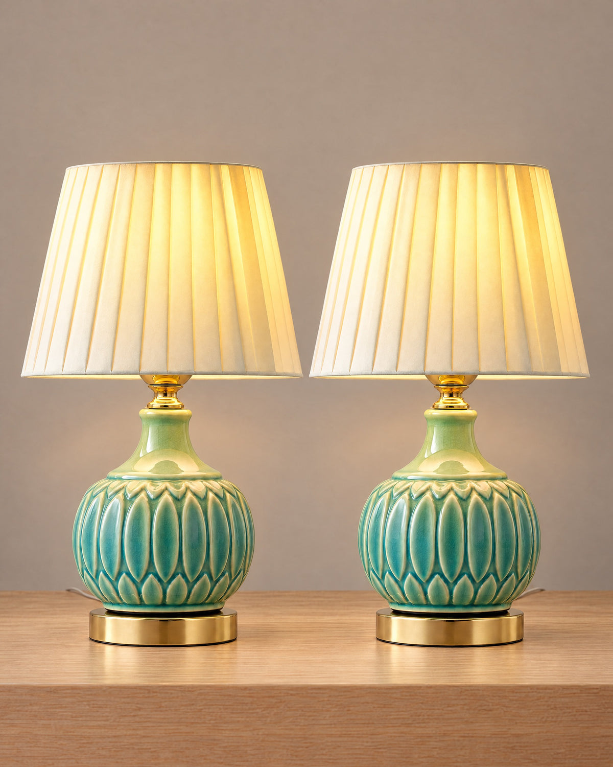 Celadon Carved Gourd Nightstand Lamp, Set of 2, both lamps switched on