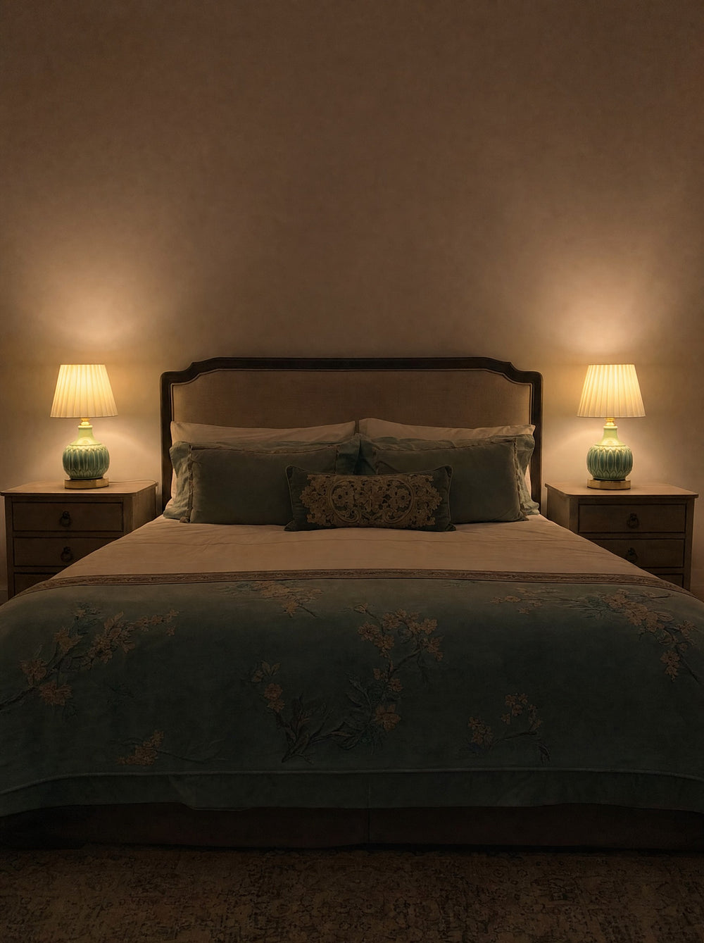 Celadon Carved Gourd Nightstand Lamp, as a pair on both nightstands at night
