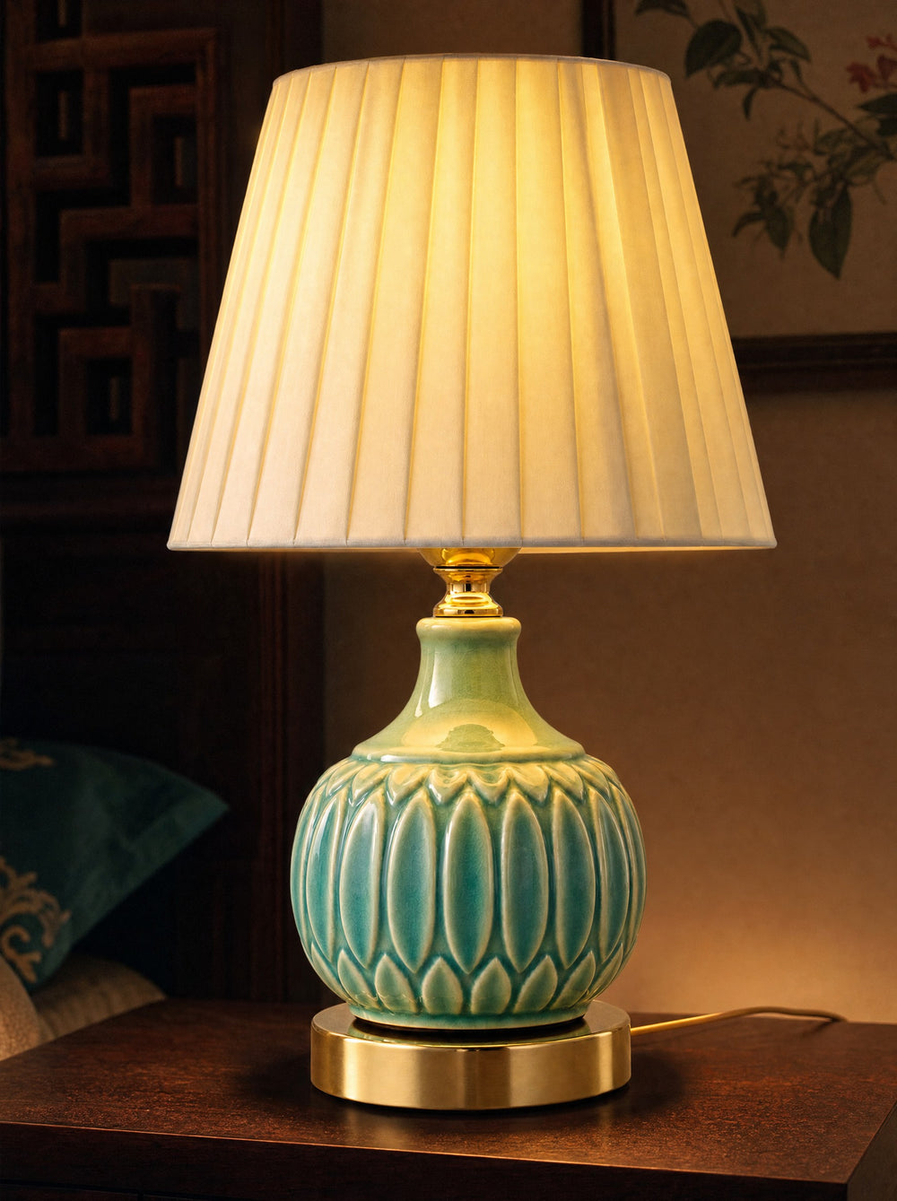 Celadon Carved Gourd Nightstand Lamp, close-up, lit
