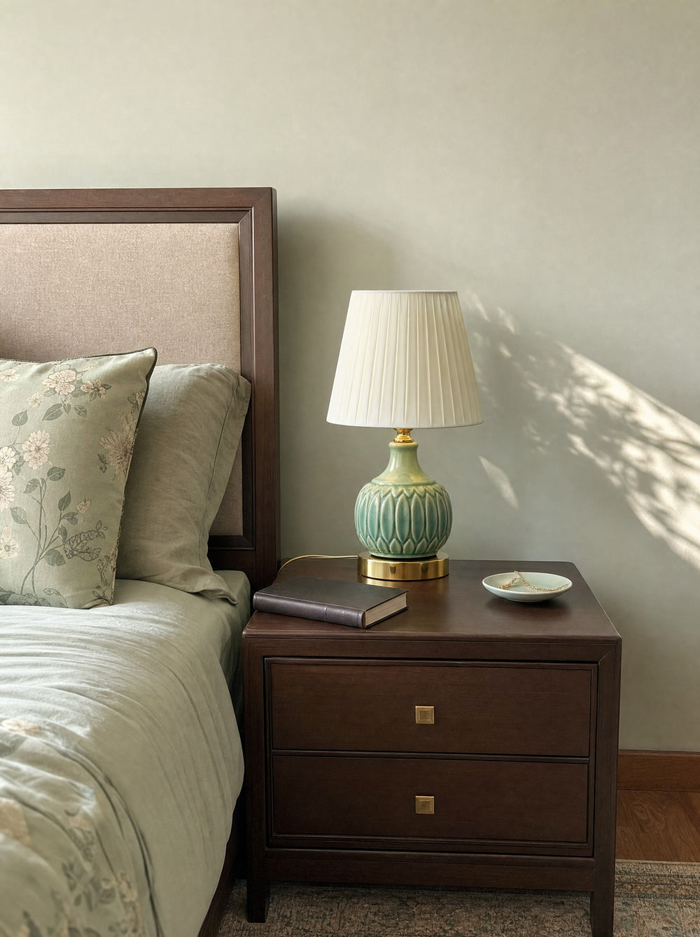 Celadon Carved Gourd Nightstand Lamp, in daylight