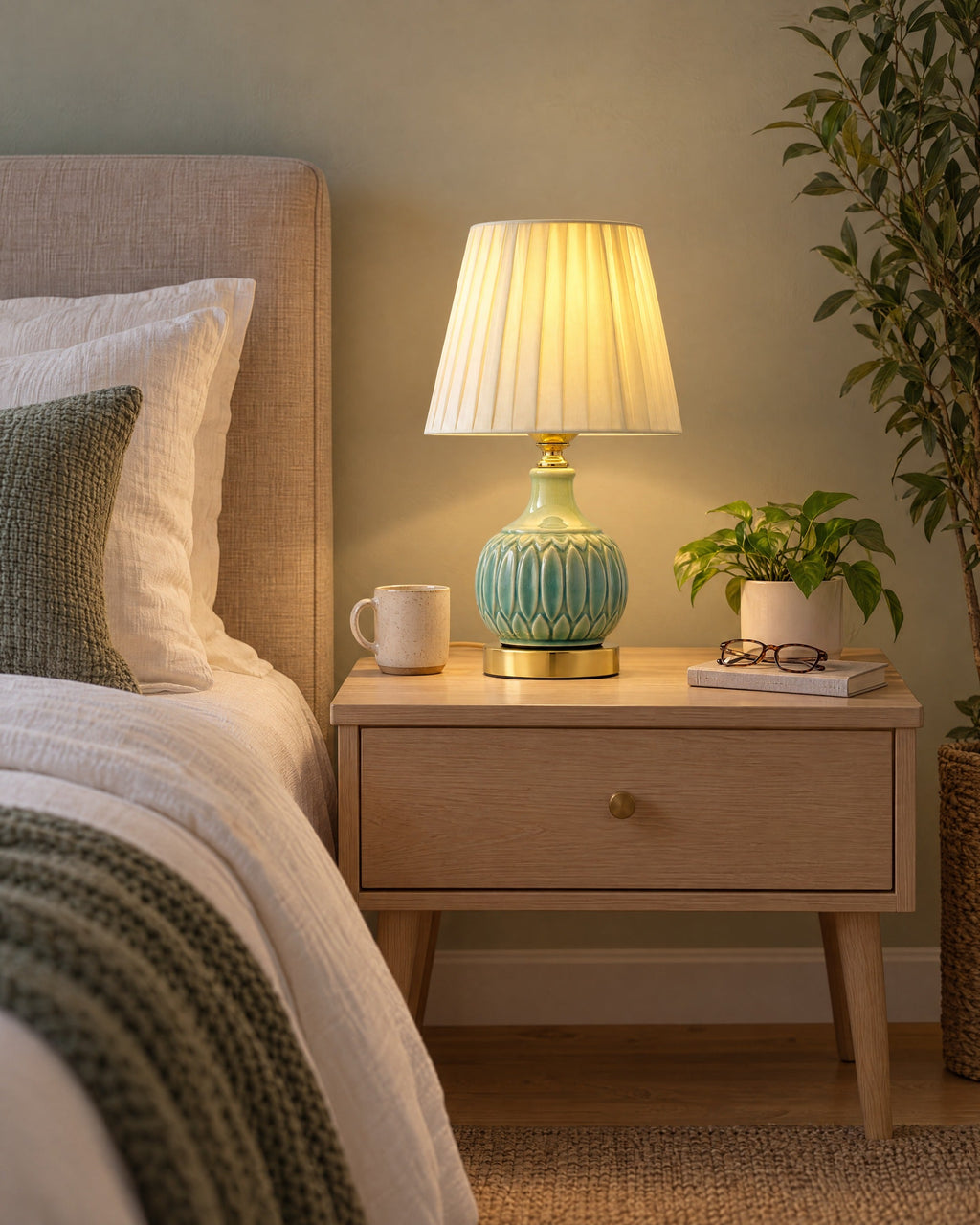 Celadon Carved Gourd Nightstand Lamp in a styled bedroom at dusk