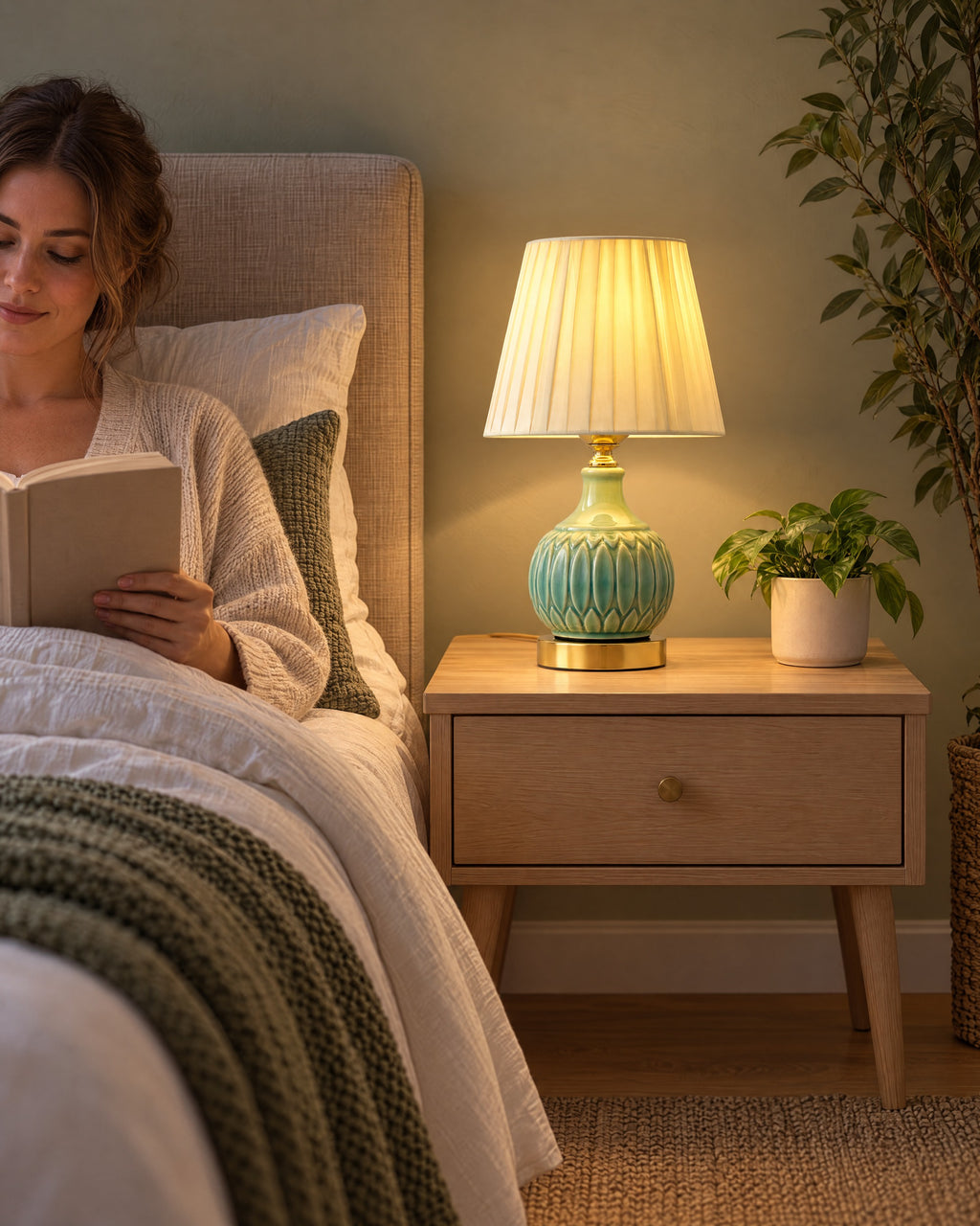 Celadon Carved Gourd Nightstand Lamp as a reading light beside a woman reading in bed