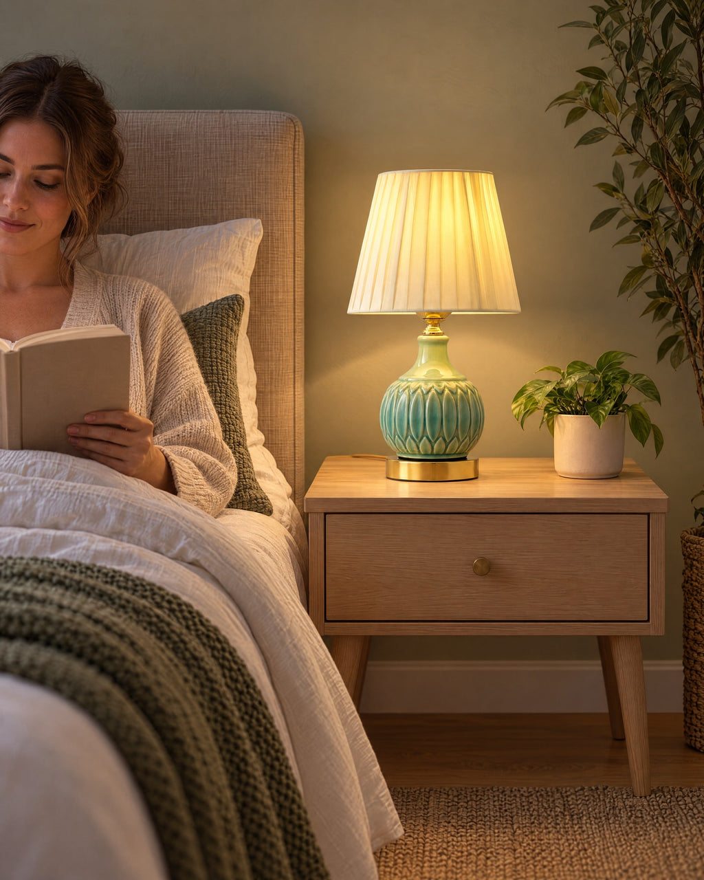 Celadon Carved Gourd Nightstand Lamp as a reading light beside a woman reading in bed