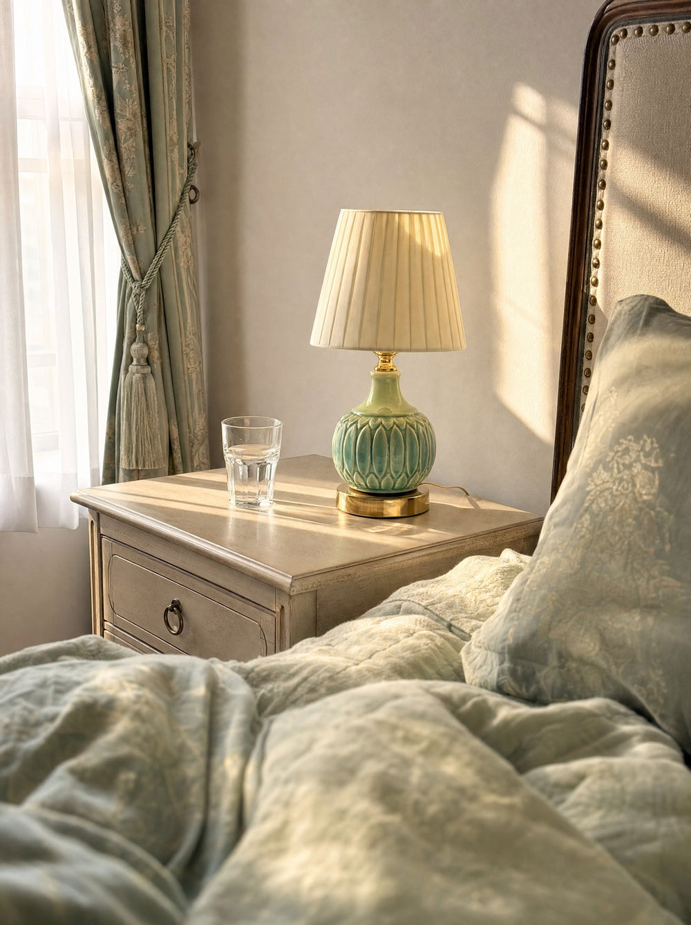 Celadon Carved Gourd Nightstand Lamp, seen from the bed in the morning