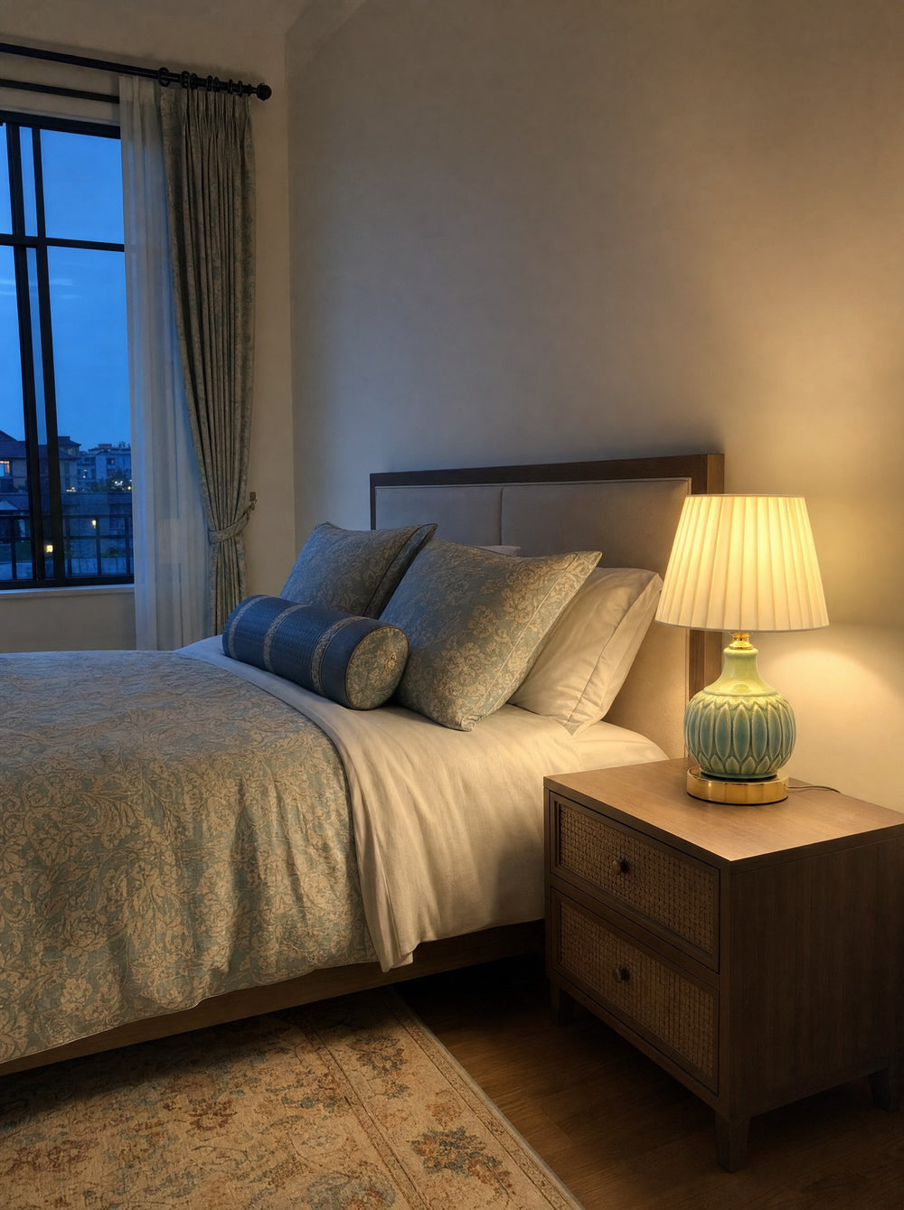 Celadon Carved Gourd Nightstand Lamp, at dusk