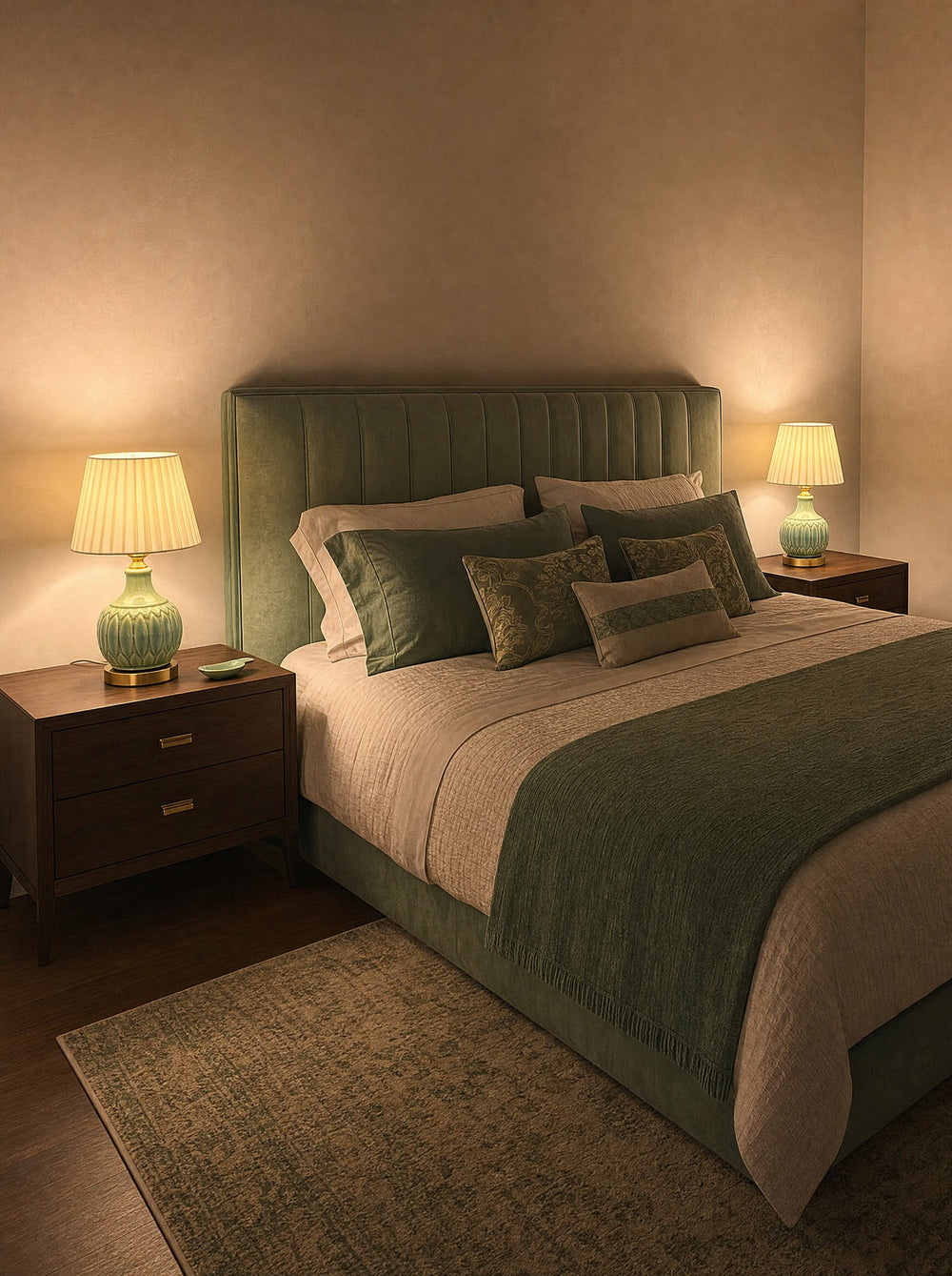 Celadon Carved Gourd Nightstand Lamp, as a pair on both nightstands