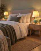 Two Celadon Carved Gourd Nightstand Lamp lamps flanking a bed at night