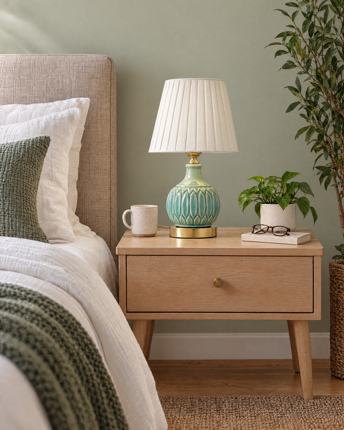 Celadon Carved Gourd Nightstand Lamp switched off in soft morning daylight