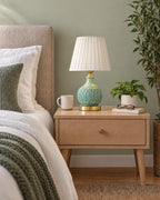 Celadon Carved Gourd Nightstand Lamp switched off in soft morning daylight