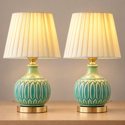 Celadon Carved Gourd Nightstand Lamp, Set of 2, both lamps switched on
