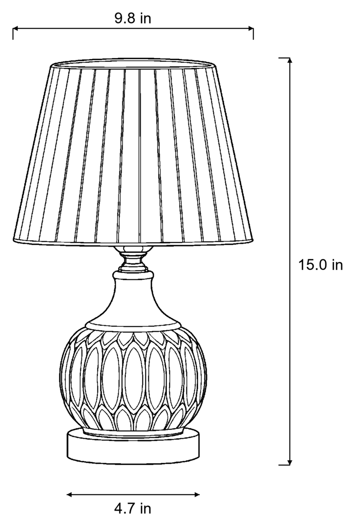 Dimensions sketch of the Celadon Carved Gourd Nightstand Lamp with measurements