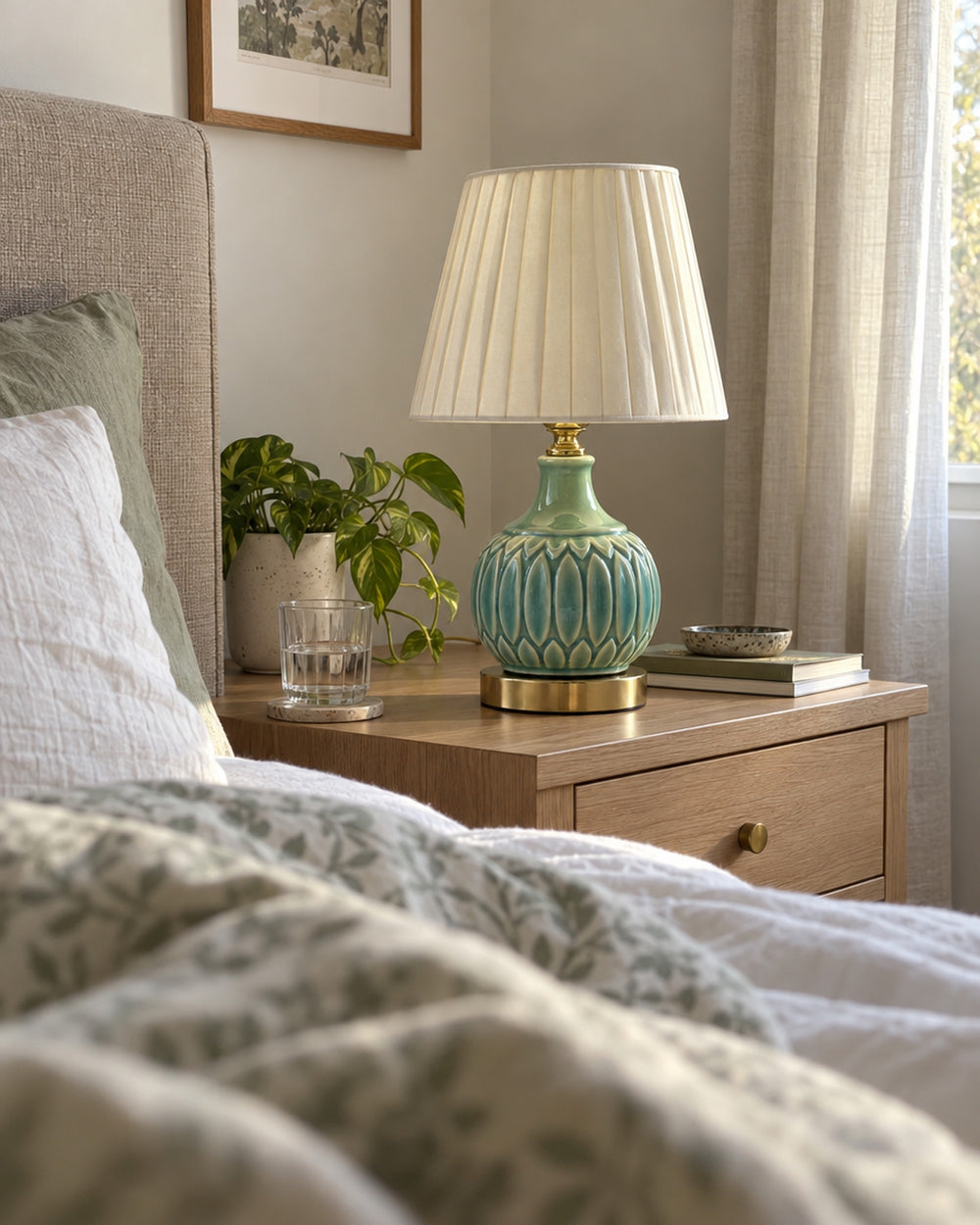 Celadon Carved Gourd Nightstand Lamp in a real home