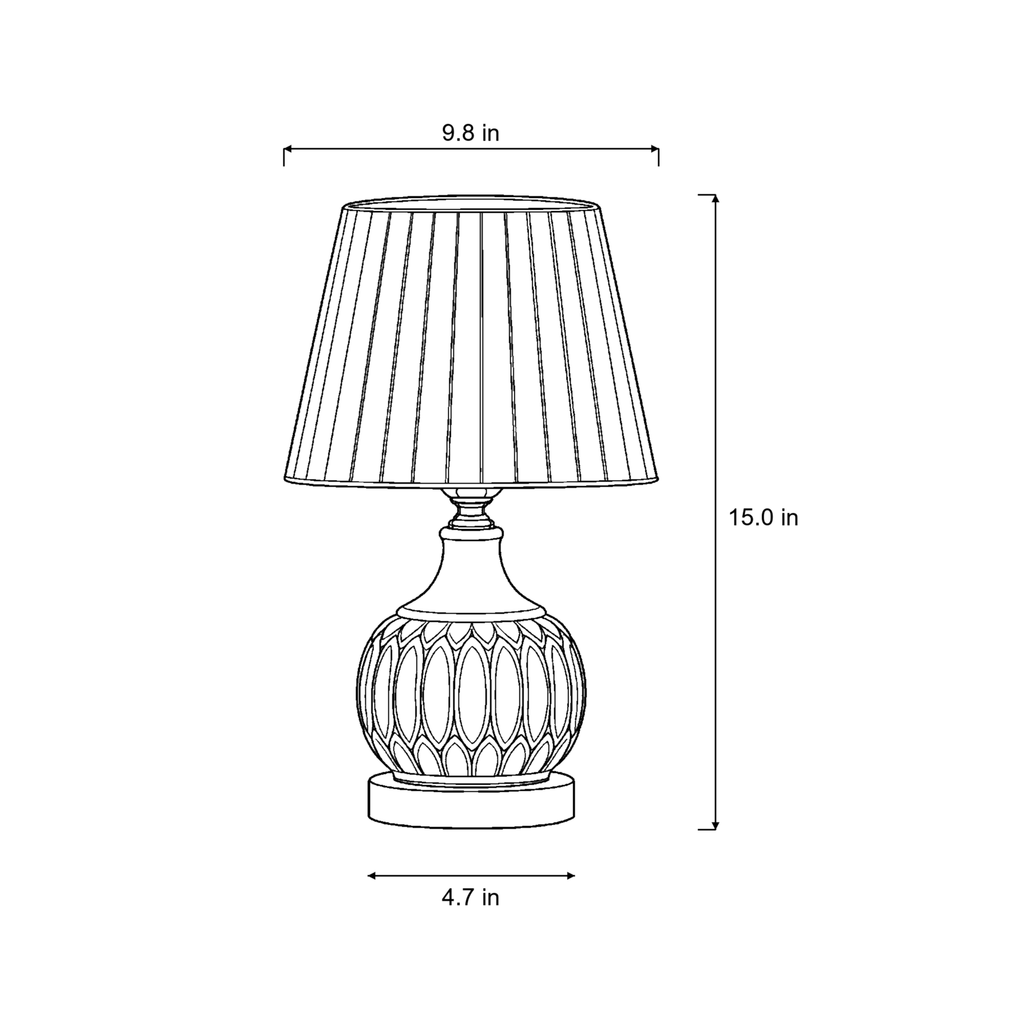 Dimensions sketch of the Celadon Carved Gourd Nightstand Lamp with measurements