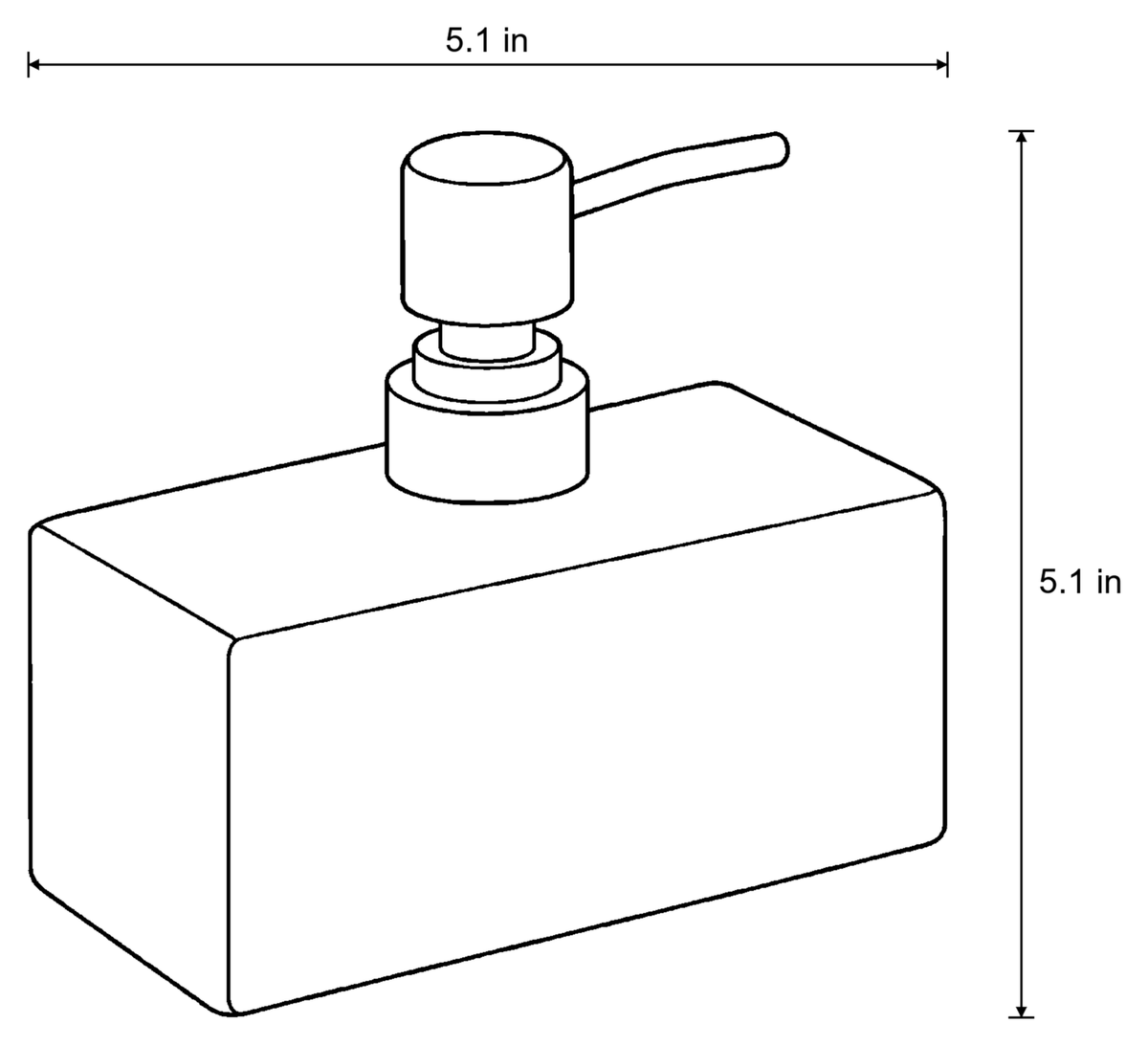 Dimensions sketch of the Ceramic Soap Dispenser, Rectangular, Gold Pump, 13.5 oz with measurements