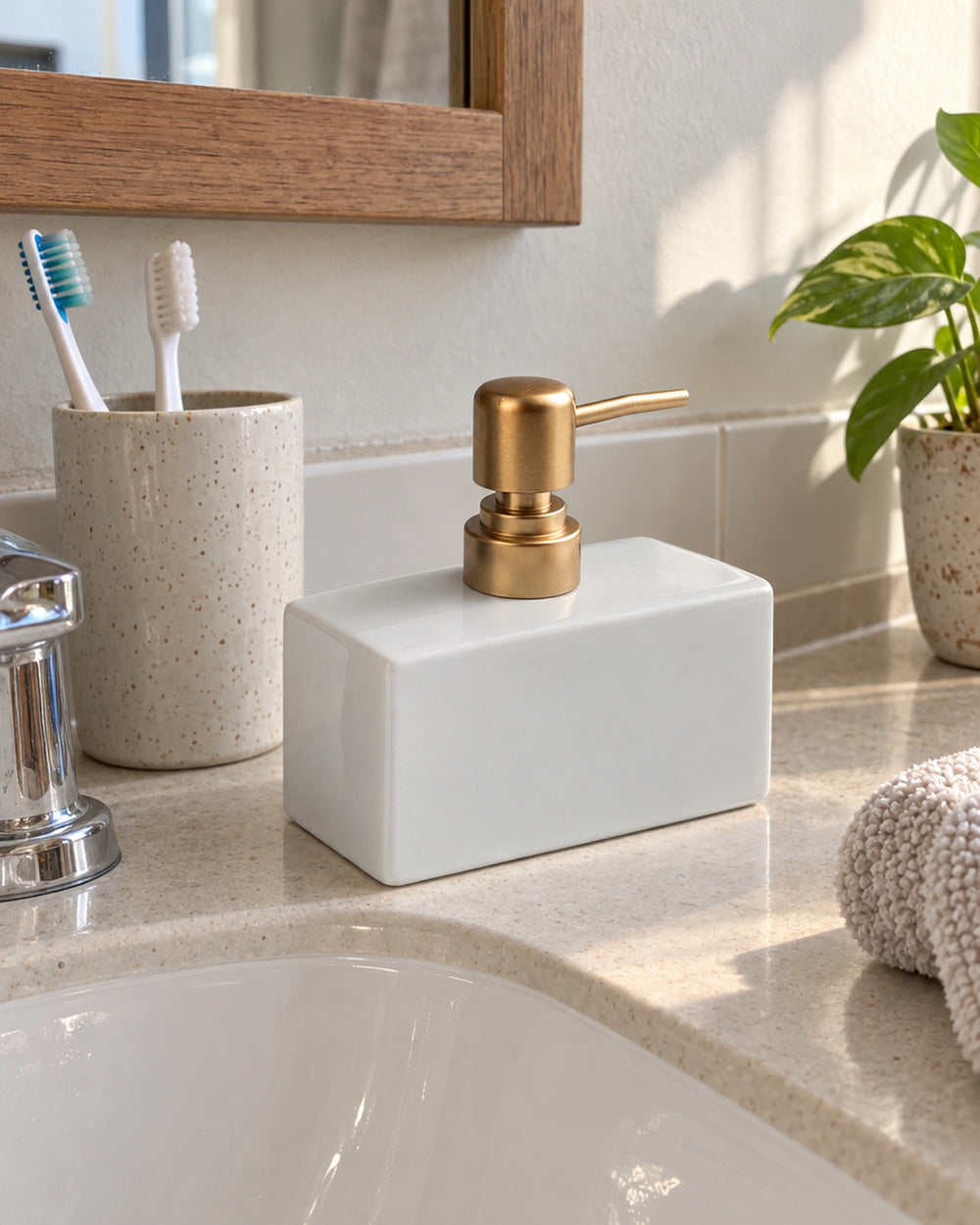 Ceramic Soap Dispenser, Rectangular, Gold Pump, 13.5 oz in a real home