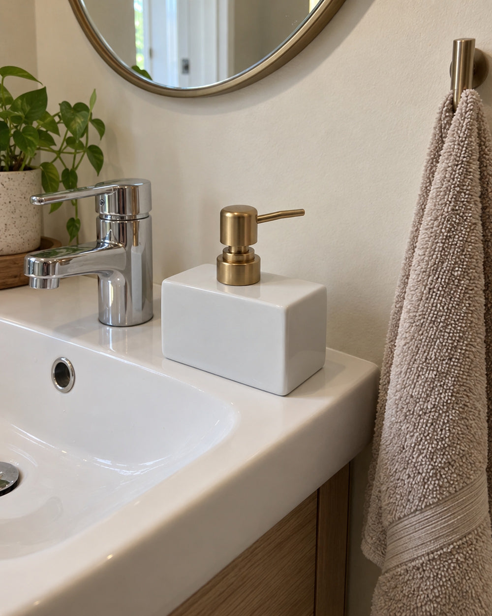 Ceramic Soap Dispenser, Rectangular, Gold Pump, 13.5 oz in a real home