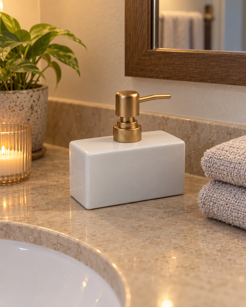 Ceramic Soap Dispenser, Rectangular, Gold Pump, 13.5 oz in a real home