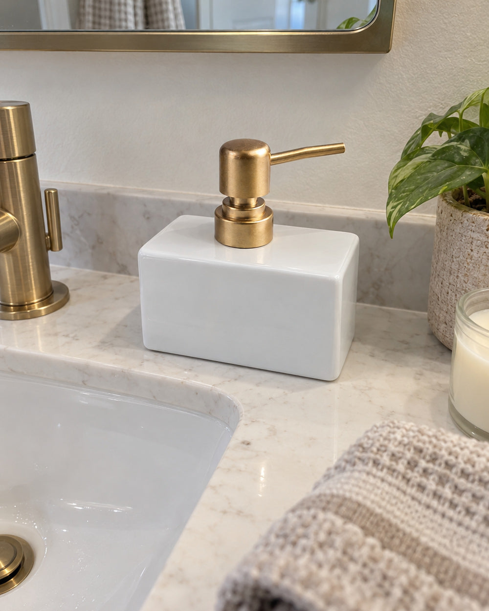 Ceramic Soap Dispenser, Rectangular, Gold Pump, 13.5 oz in a real home