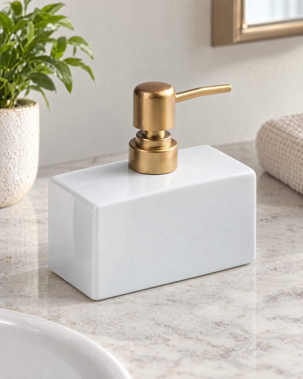 White: Ceramic Soap Dispenser, Rectangular, Gold Pump, 13.5 oz on a bathroom vanity in soft daylight