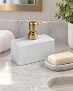 White: Ceramic Soap Dispenser, Rectangular, Gold Pump, 13.5 oz shown at true scale on a countertop