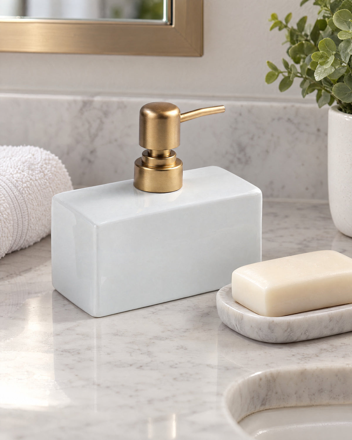 White: Ceramic Soap Dispenser, Rectangular, Gold Pump, 13.5 oz shown at true scale on a countertop