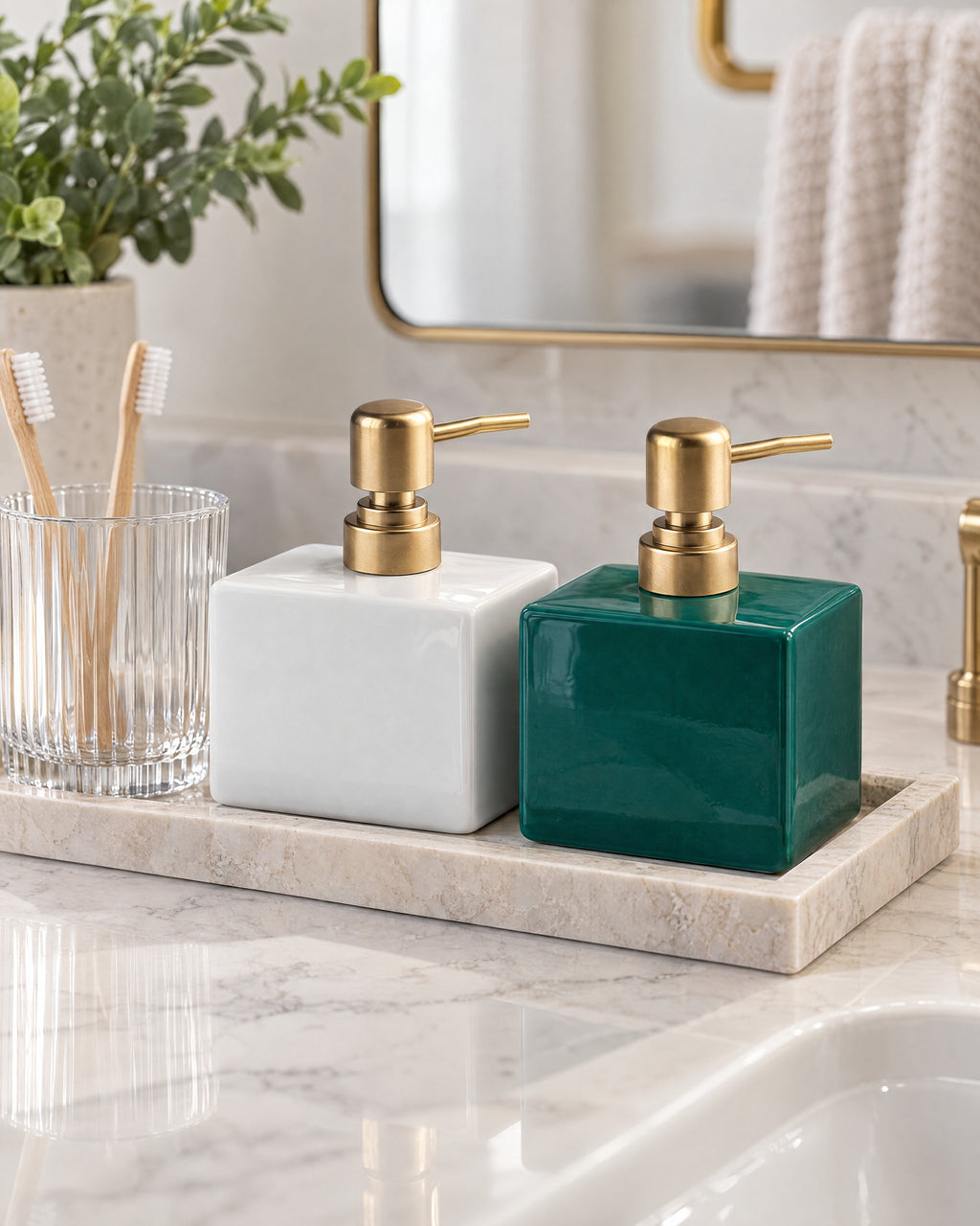 White: Both color variants of the Ceramic Soap Dispenser, Rectangular, Gold Pump, 13.5 oz on a tray