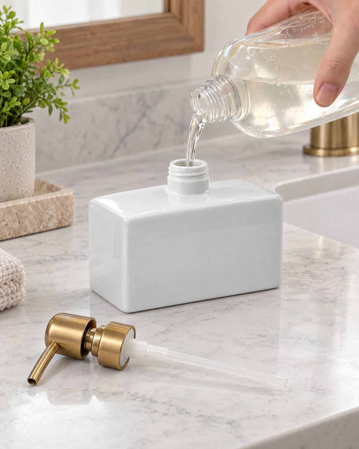 White: The Ceramic Soap Dispenser, Rectangular, Gold Pump, 13.5 oz being refilled, pump set aside