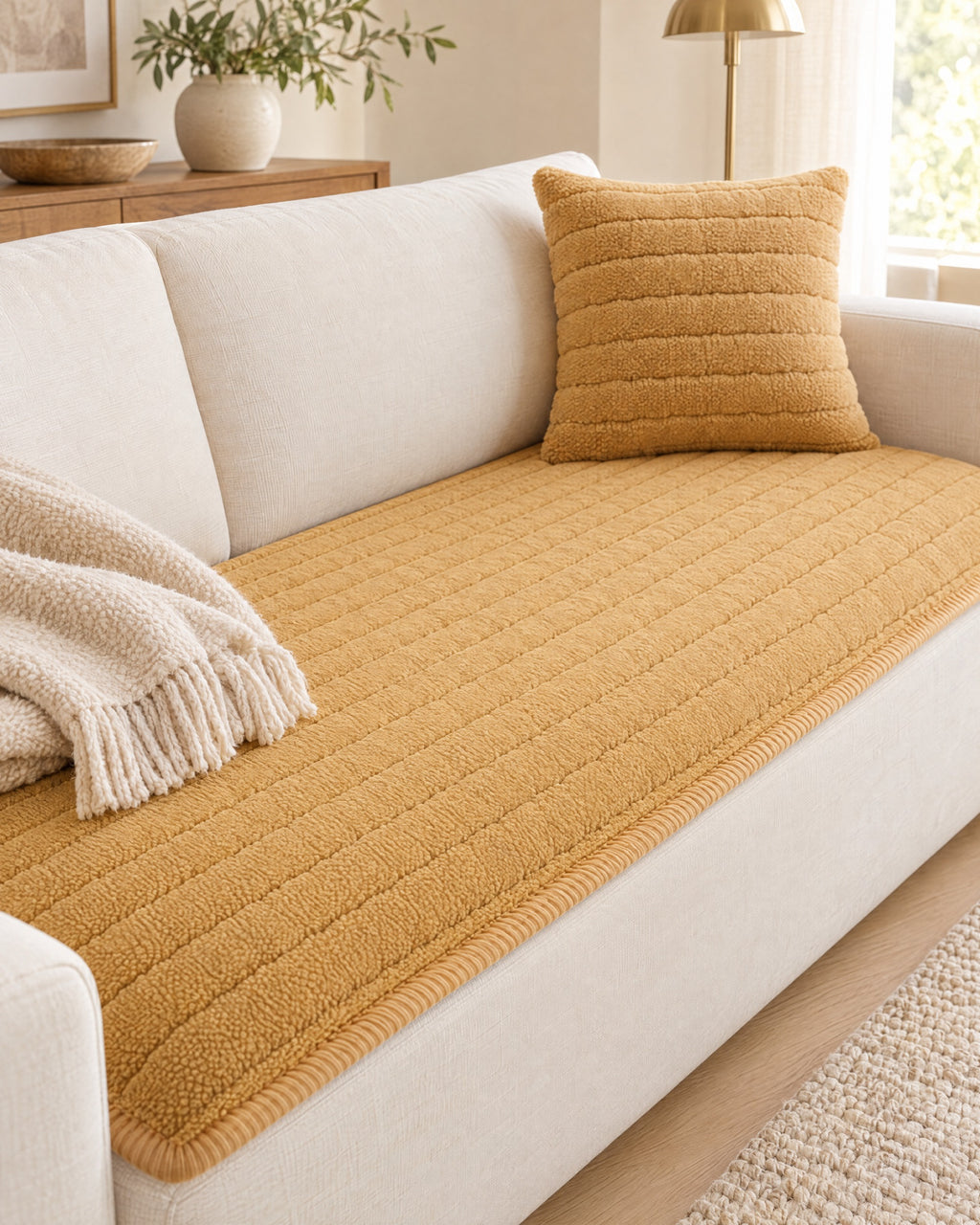 Honey Gold: Chic Thick Plush Sofa Cover, styled on a sofa
