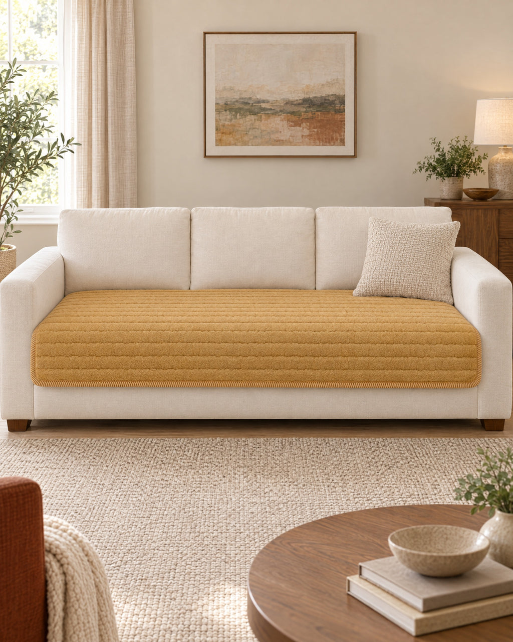 Honey Gold: Chic Thick Plush Sofa Cover shown on a full sofa