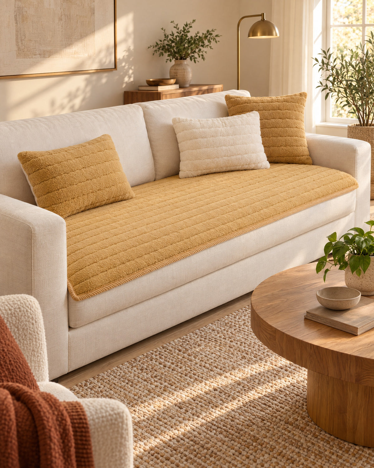 Honey Gold: Chic Thick Plush Sofa Cover in a warm living room