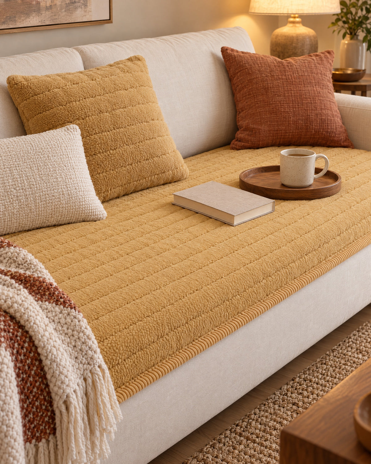 Honey Gold: Chic Thick Plush Sofa Cover on a cozy lived-in sofa