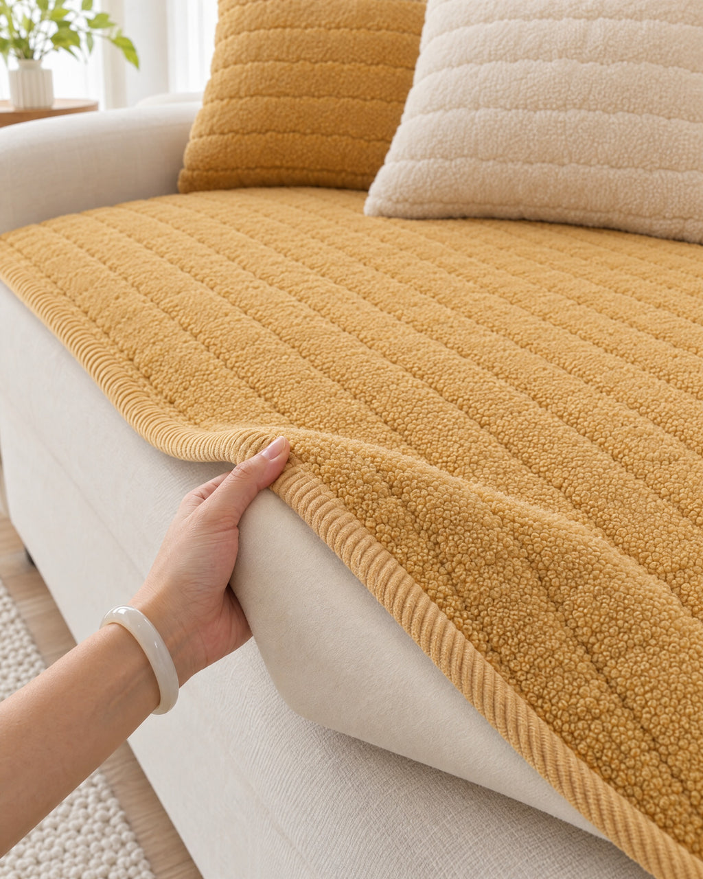 Honey Gold: Corner lifted to show the underside of the Chic Thick Plush Sofa Cover