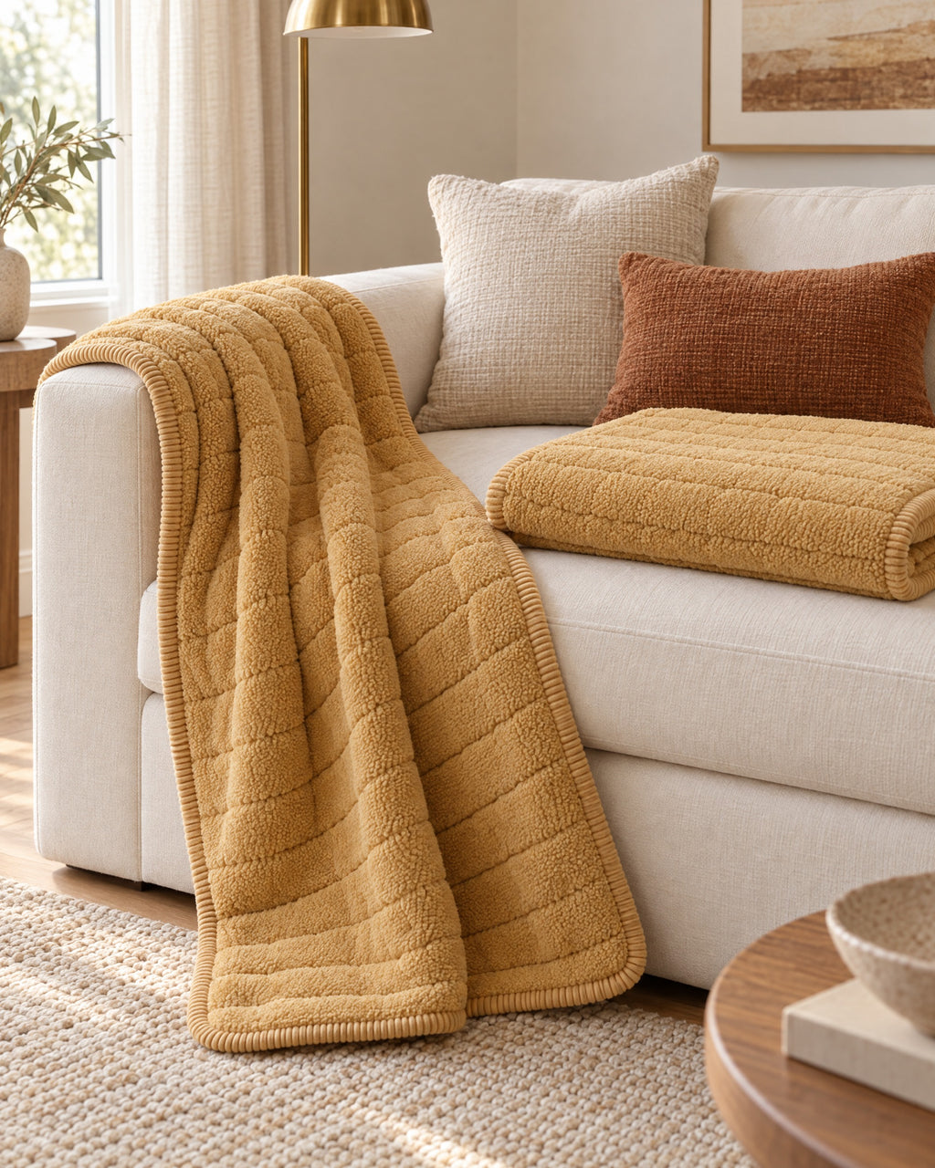 Honey Gold: The drape and fall of the Chic Thick Plush Sofa Cover